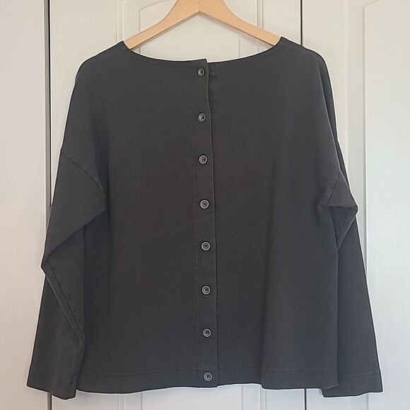 Ischiko Pullover Cotton Stretch Button-Back Lagen Look Top Charcoal Gray Size M - Picture 5 of 13